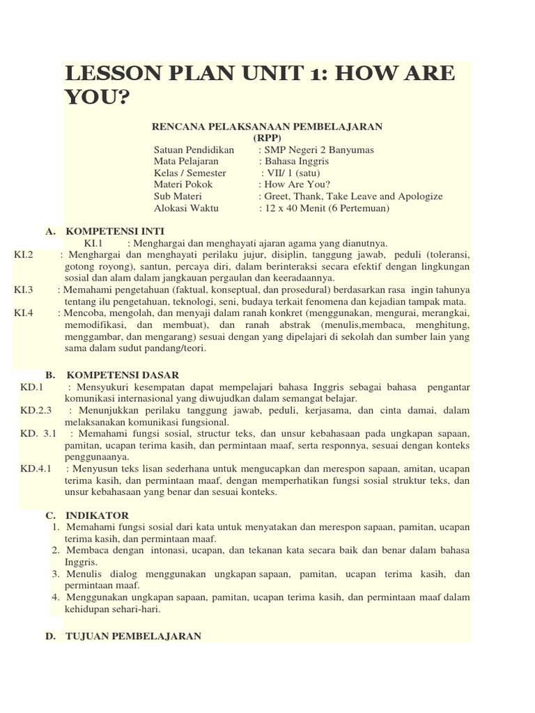 RPP Bahasa Inggris: Sapaan dan Permintaan Maaf | PDF | Seni & Disiplin ...