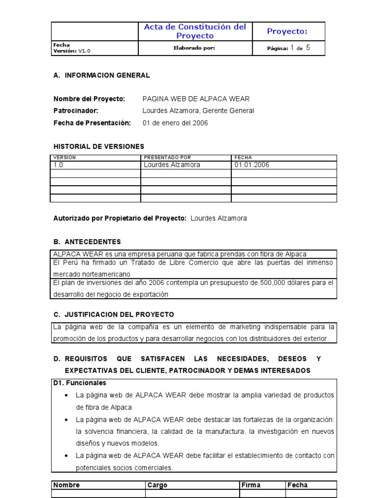 Acta de Constitución del Proyecto Web | PDF | Presupuesto | Red mundial
