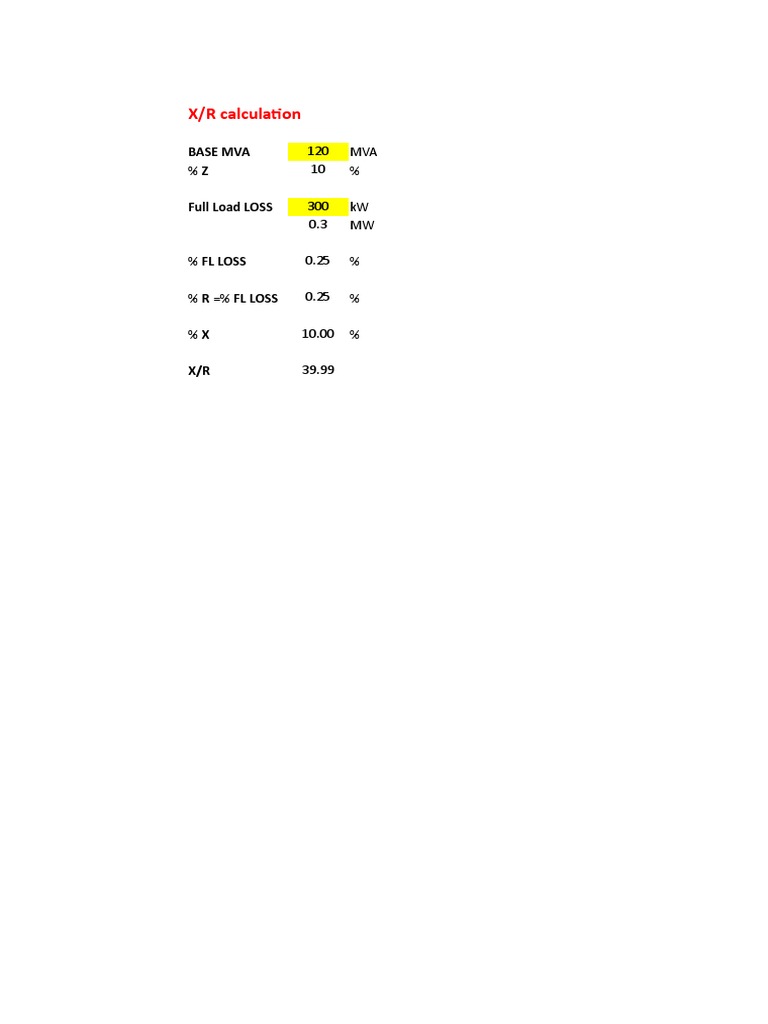 X/R Calculation: Base Mva % Z Full Load LOSS | PDF