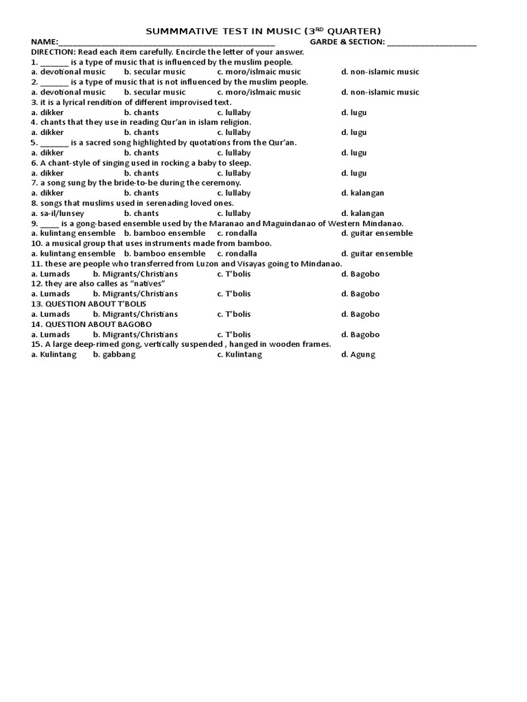 Music and Arts Summative Test Guide | PDF | Textiles | Clothing