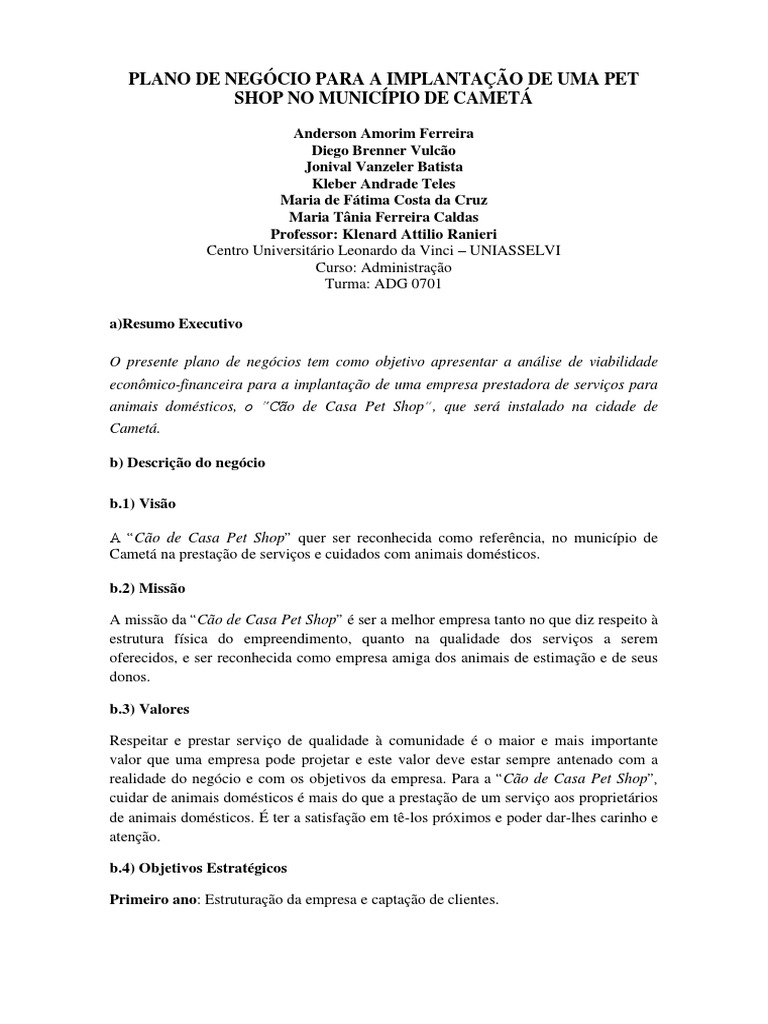 Plano De Negócio Para A Implantação De Uma Pet Shop No Município De