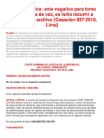 Pericia Fonética - Ante Negativa para Toma de Muestras de Voz, Es Lícito Recurrir A Grabación de Archivo (Casación 837-2018, Lima)