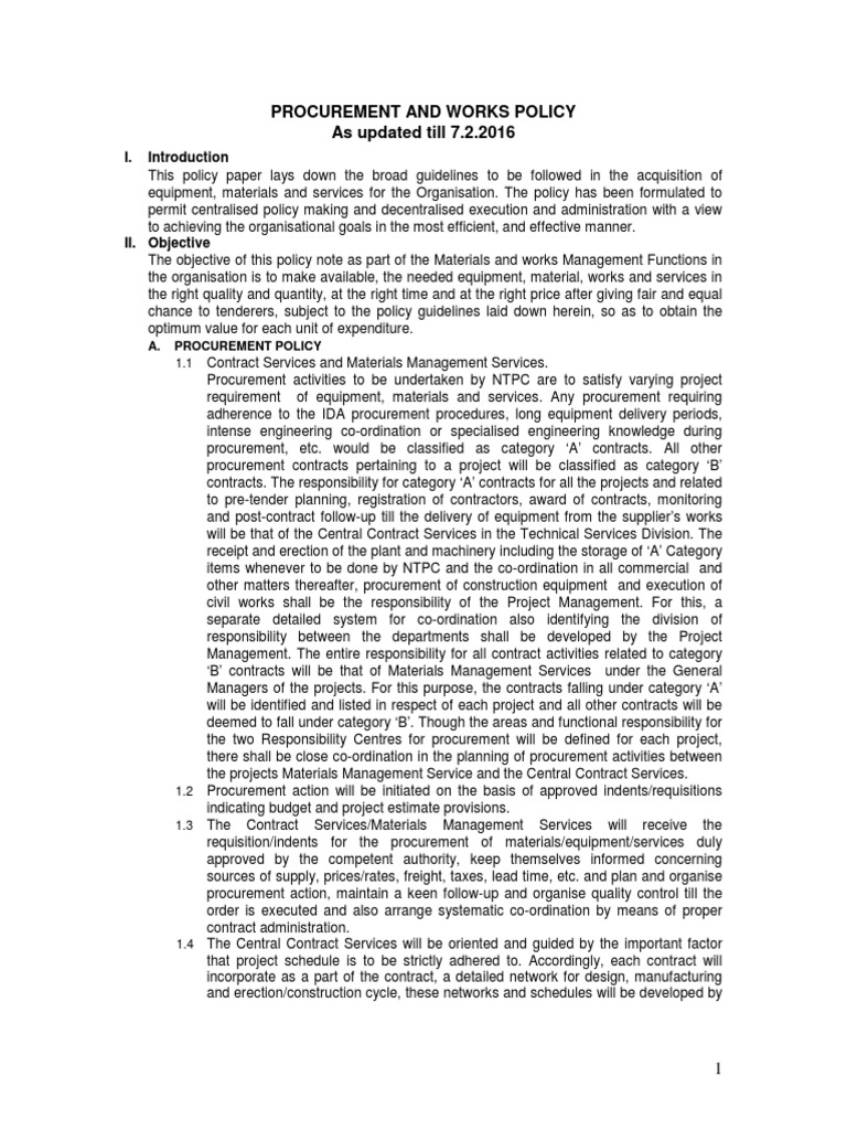 Procurement and Works Policy Overview | PDF | Quality Assurance ...