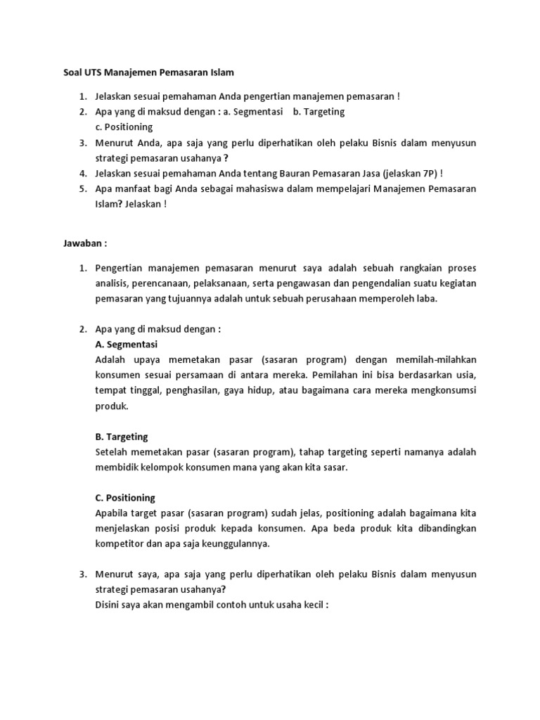 Contoh Soal Uts Manajemen Pemasaran Dan Jawabannya