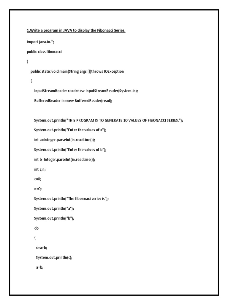 1.write A Program in JAVA To Display The Fibonacci Series | PDF | Computers