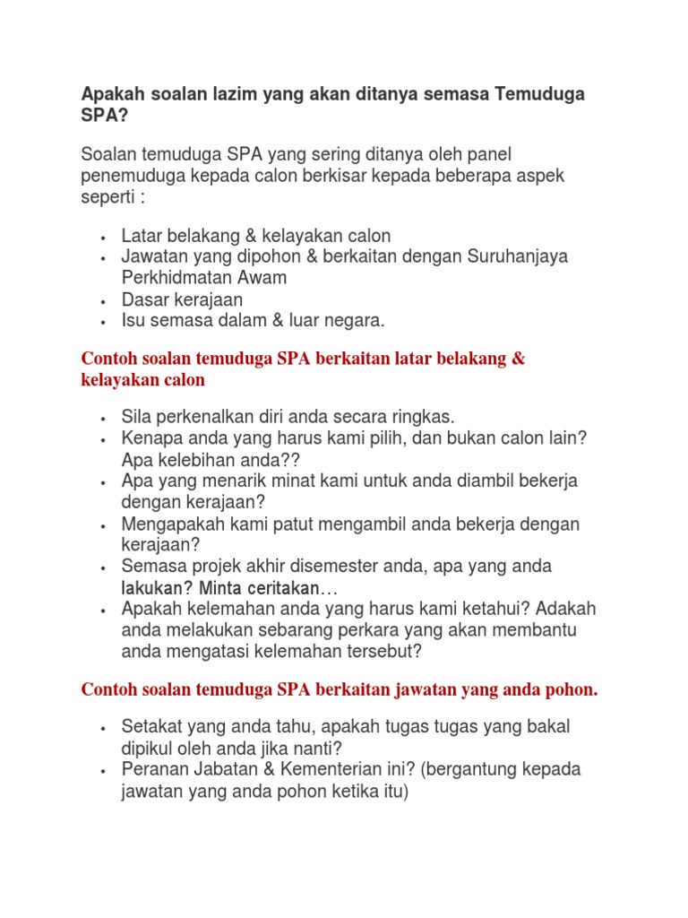 Apakah Soalan Lazim Yang Akan Ditanya Semasa Temuduga Spa Pdf