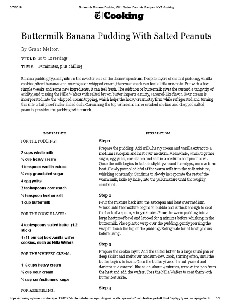 Buttermilk Banana Pudding With Salted Peanuts Recipe PDF Butter Pudding