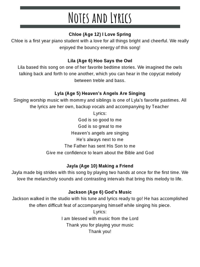Notes And Lyrics Chloe Age 12 I Love Spring Singing Musical Compositions