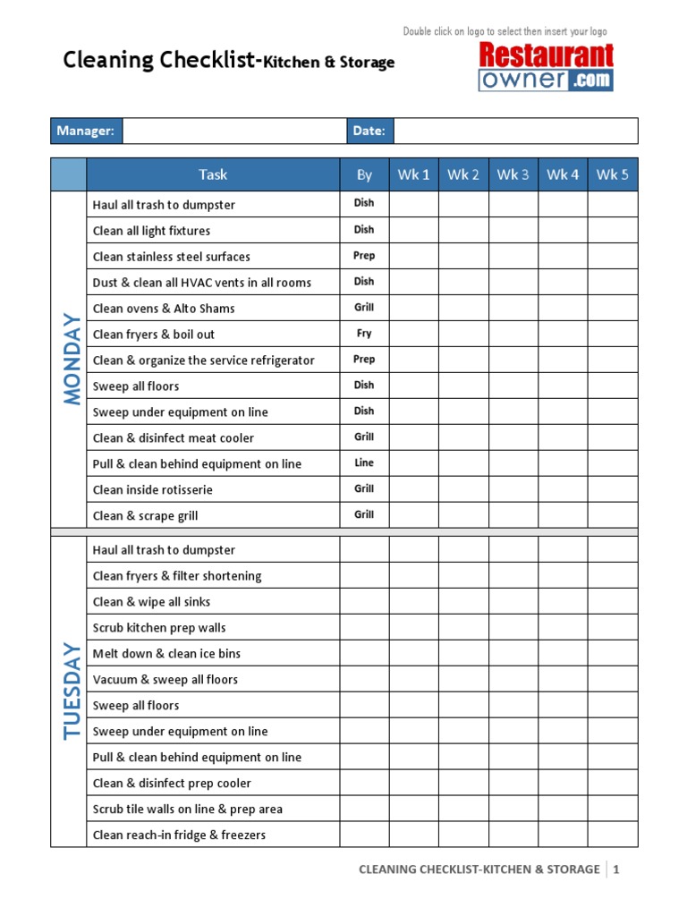 Weekly Restaurant Cleaning Checklist | PDF | Barbecue Grill | Refrigerator