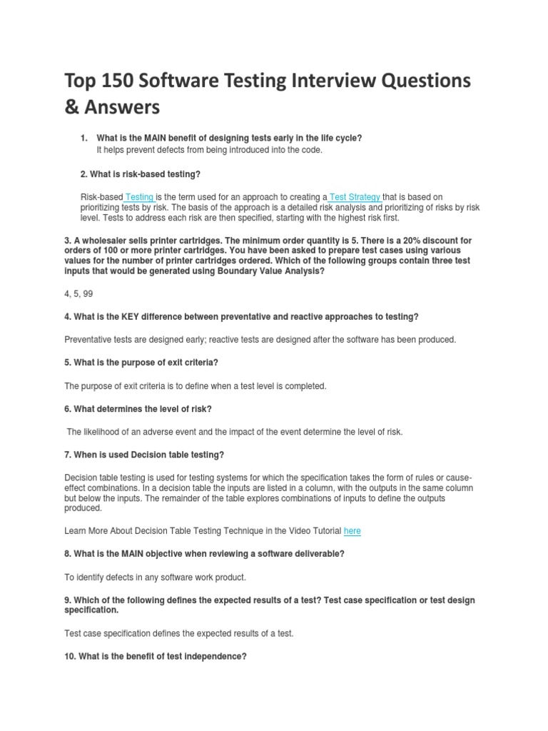 Top 150 Software Testing Interview Questions PDF Software Testing