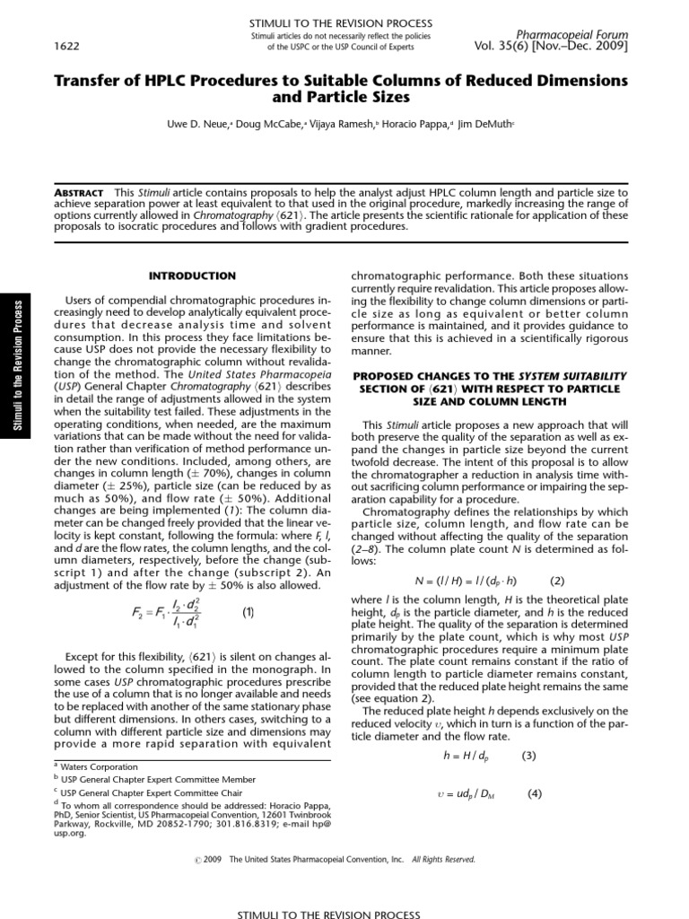 USP Column Transfer High Performance Liquid Chromatography