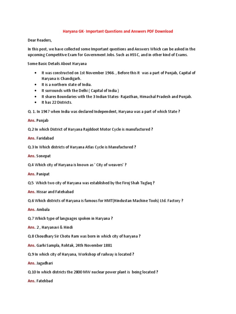Haryana GK - Important Questions and Answers | PDF | Sikhism