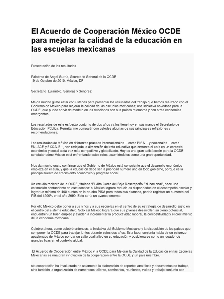 El Acuerdo de Cooperación México OCDE Para Mejorar La Calidad de La ...
