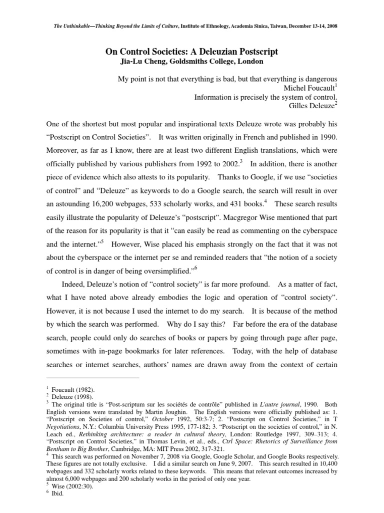 Deleuzian Postscript On Control Societies PDF Axiom Capitalism
