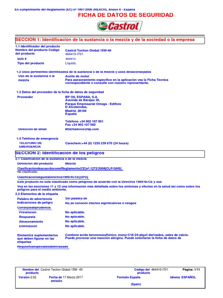 Ficha de Seguridad Aceite Castrol 15W-40 | PDF | Guante | Contaminación