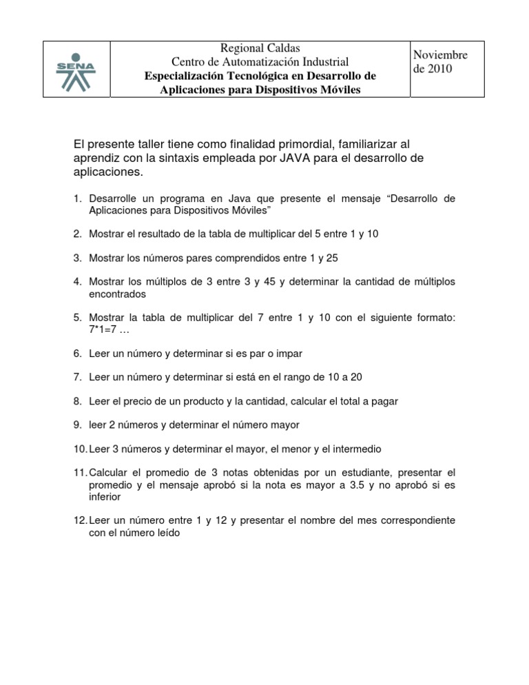 Taller 1 Programacion en Java | PDF | Informática y tecnología de la ...