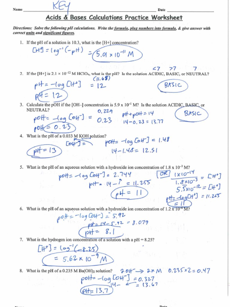 Acids And Bases Calculations Practice Worksheet Key