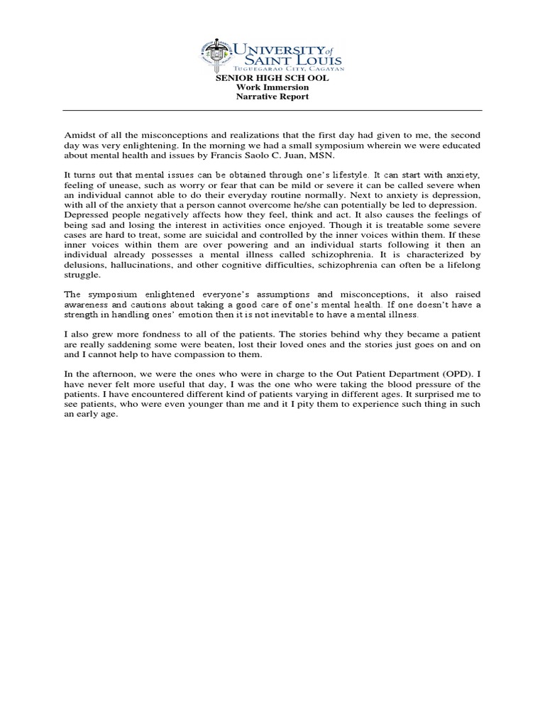Senior High SCH OOL Work Immersion Narrative Report | PDF