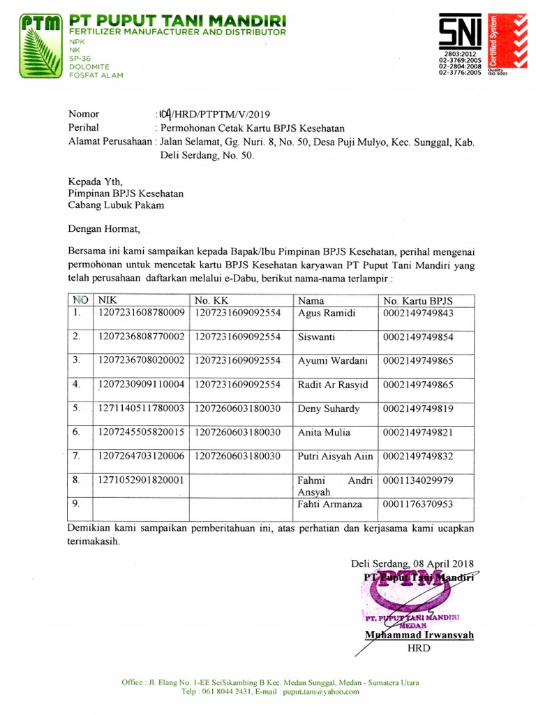 Permohonan Cetak Kartu Bpjs Kesehatan Contoh surat permohonan cetak kartu bpjs kesehatan perusahaan.