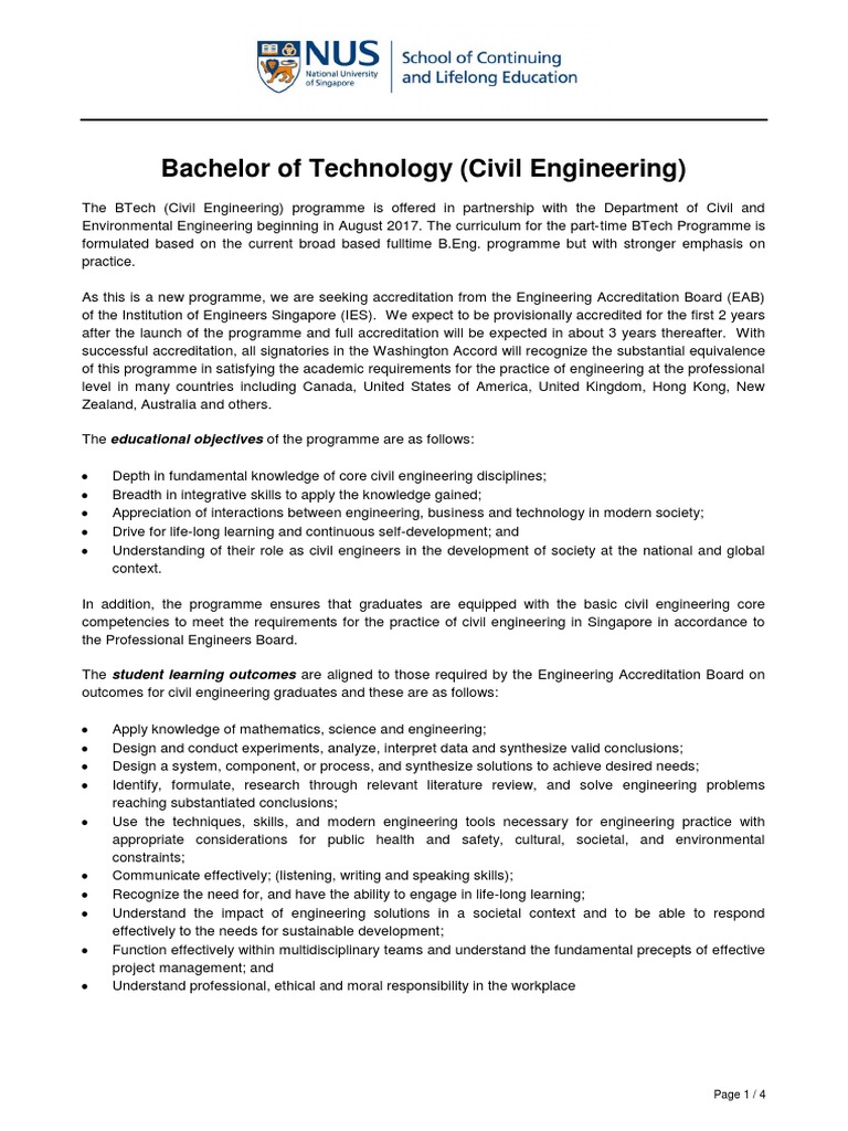 NUS BTech in Civil Engineering Overview | PDF | Engineering | Civil ...