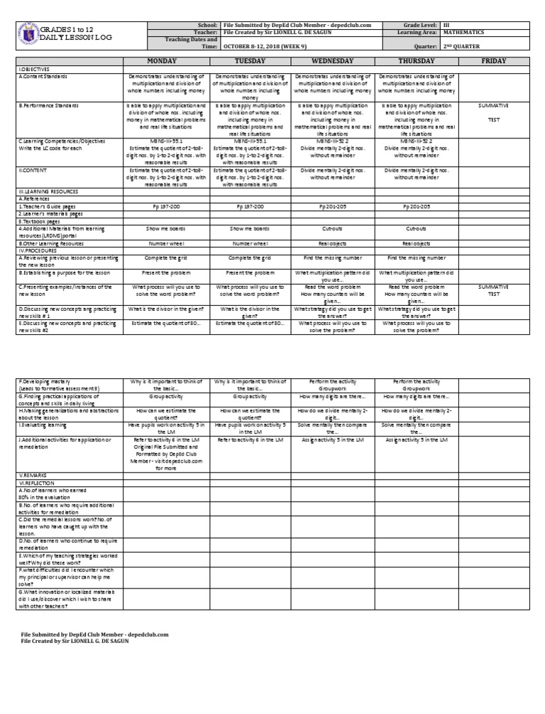 Grade 3 Math Lesson Plan: Multiplication & Division | PDF | Education ...