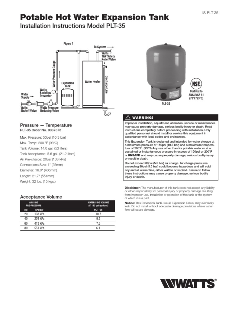 Potable Hot Water Expansion Tank Installation Instructions Water
