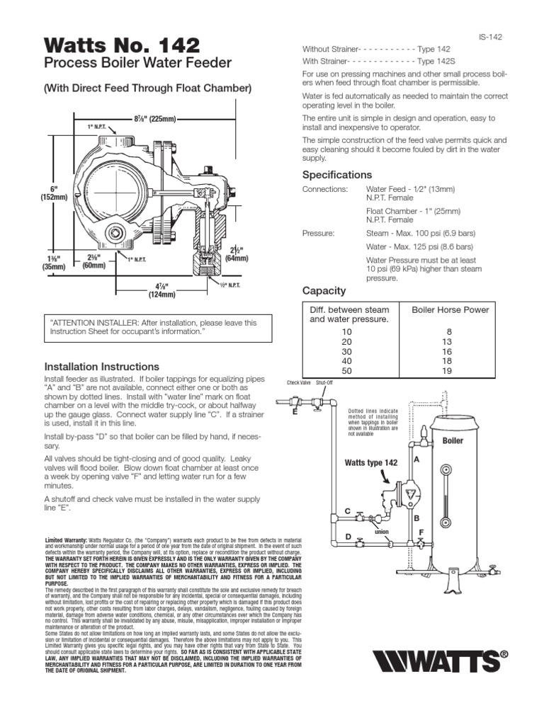 Watts No. 142 Process Boiler Water Feeder Boiler Implied Warranty