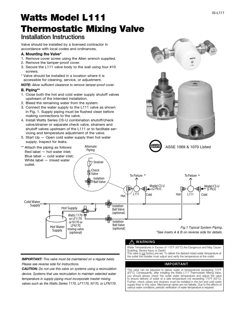 Model L111 Thermostatic Mixing Valve Installation Instructions