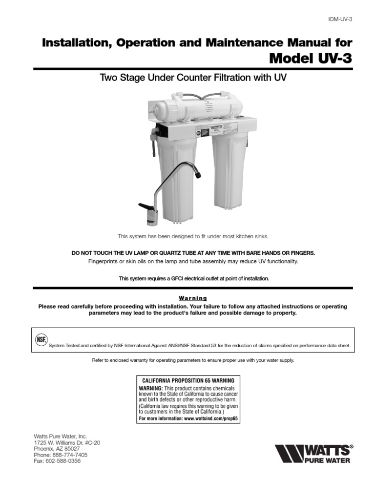 Installation, Operation and Maintenance Manual for Model UV-3 Installation  Instructions | Tap (Valve) | Sink