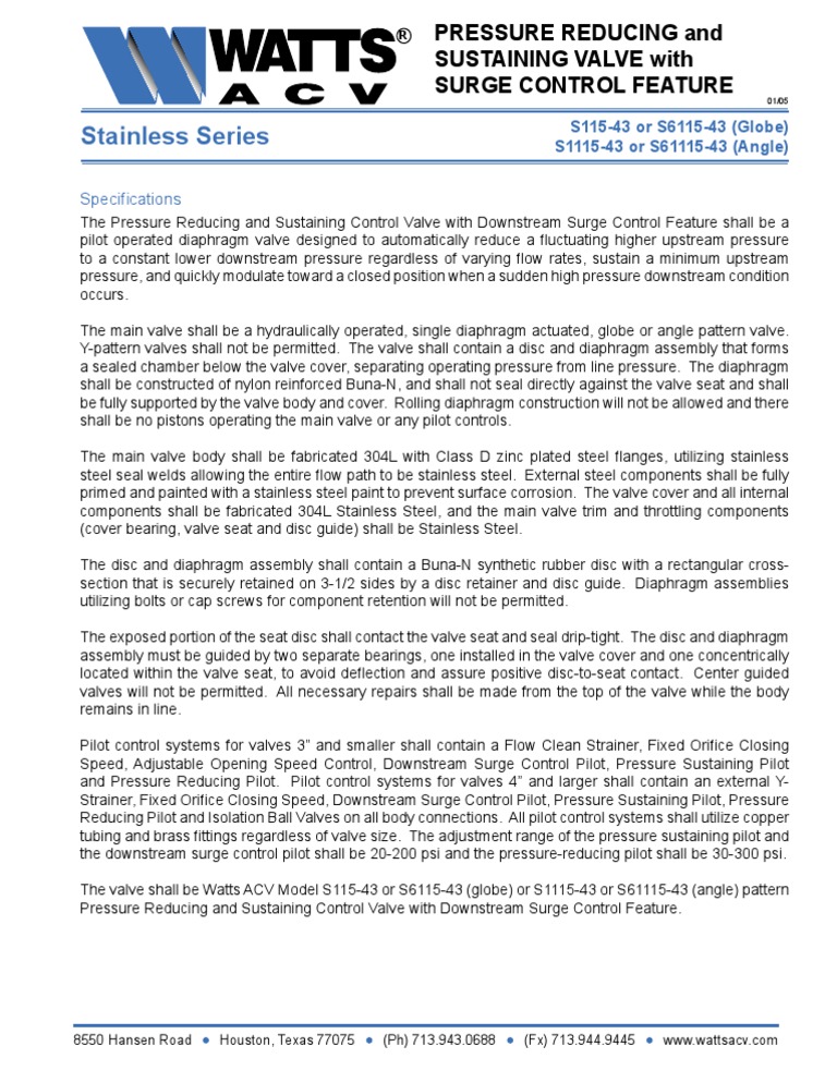 Pressure Reducing Valve Specifications | PDF | Valve | Building Engineering
