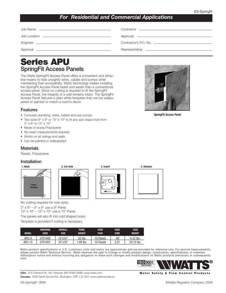 Series APU SpringFit Access Panels Specification Sheet PDF Pound