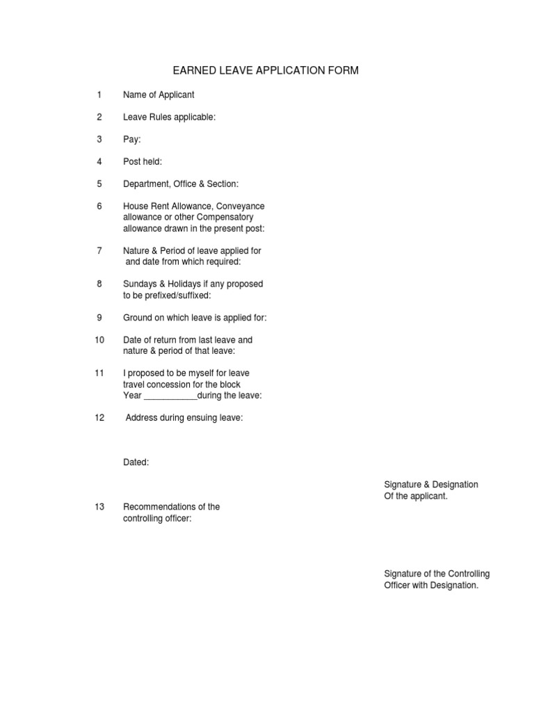 Earned Leave Application Form Template | PDF