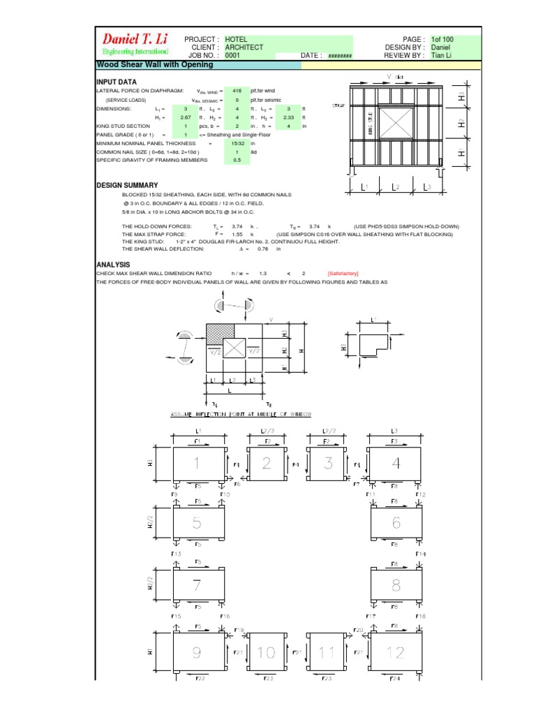 Wood Shear Wall With Opening Input Data PDF Mechanics Building