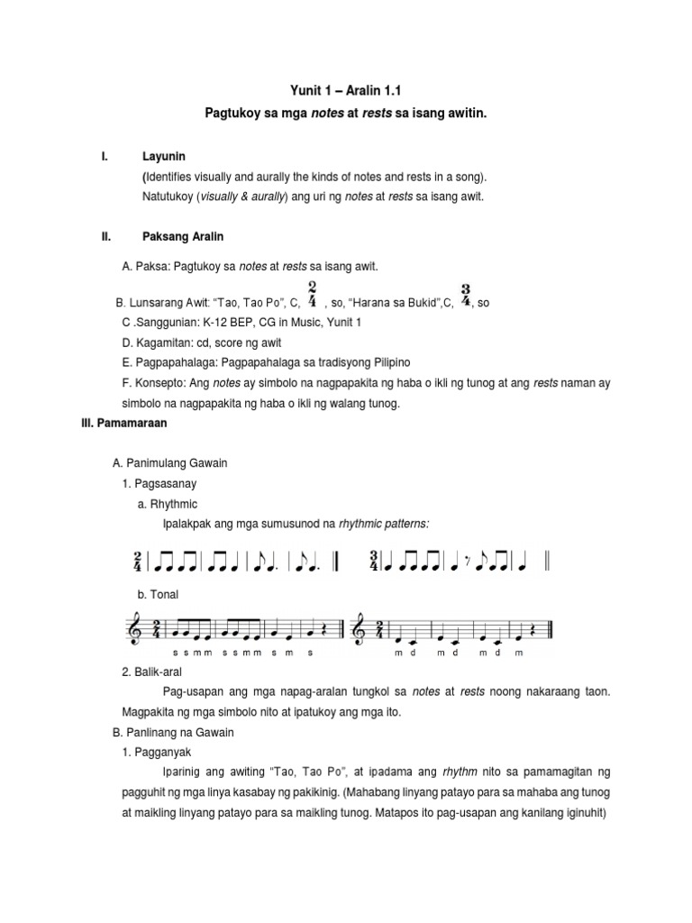 Lesson Plan In Music 5 1st Quarter 1 4 2