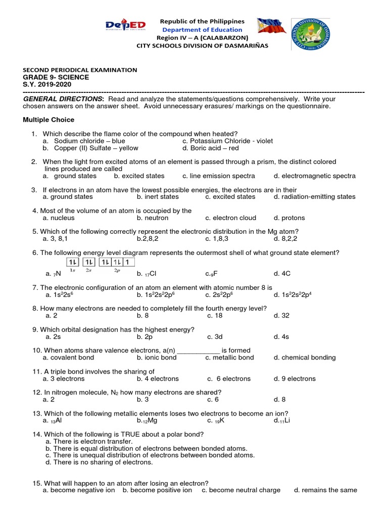 Grade 9 Science Periodical Exam 2019-2020 | PDF | Covalent Bond | Atoms