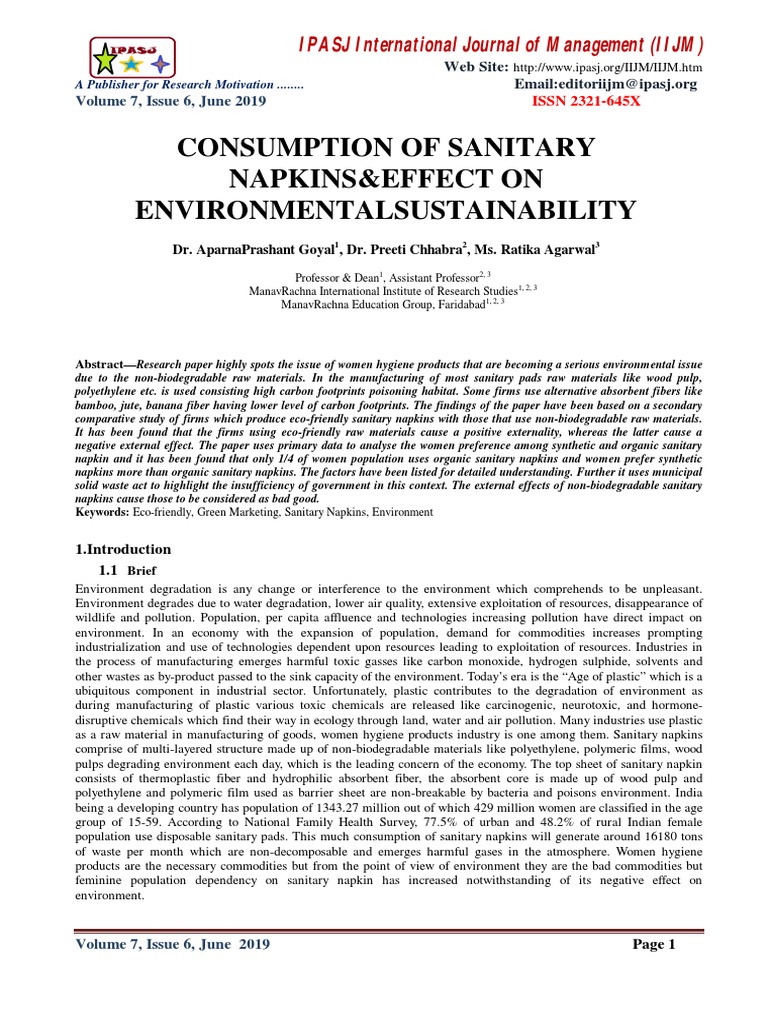 Consumption of Sanitary Napkins&effect On Environmentals Ustainability