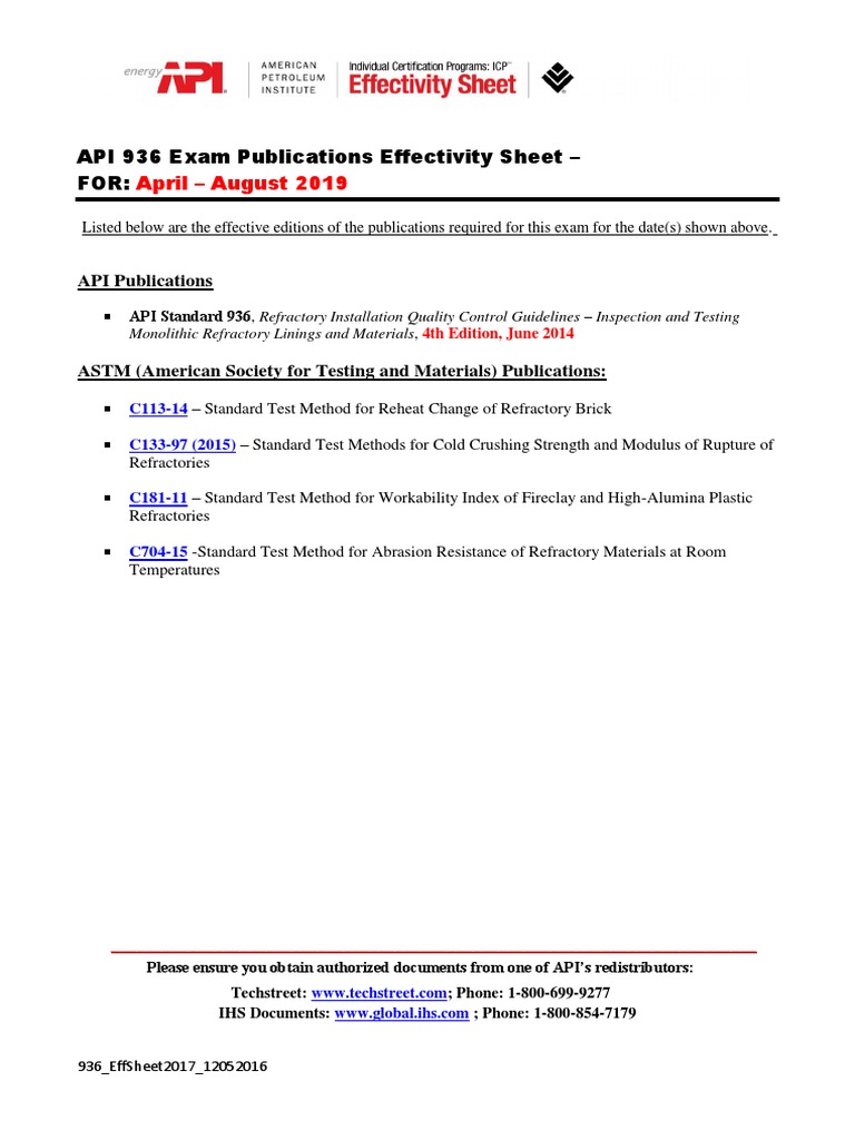 April - August 2019: API 936 Exam Publications Effectivity Sheet - For ...