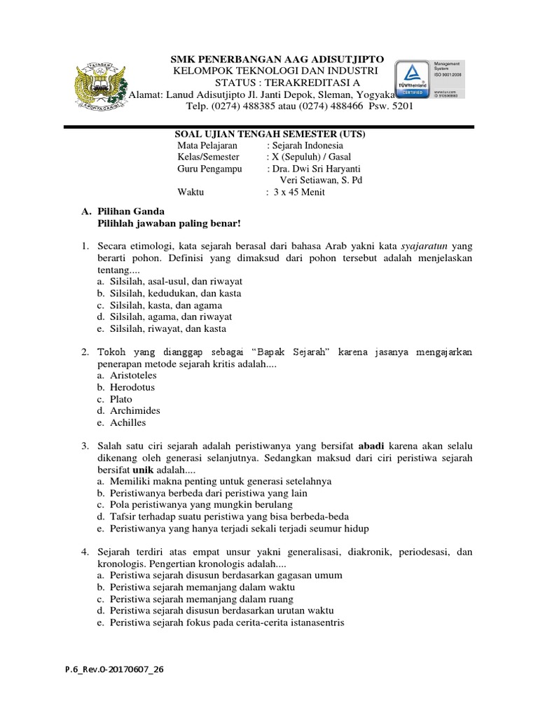 Soal Uts Sejarah Deskripsi 2018 Semester 1 Pdf