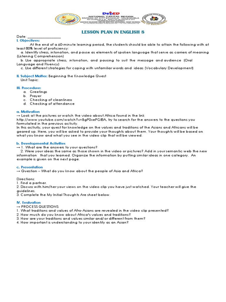Grade 8 English Lesson Plans: Quarter 1 | PDF | Reading Comprehension ...