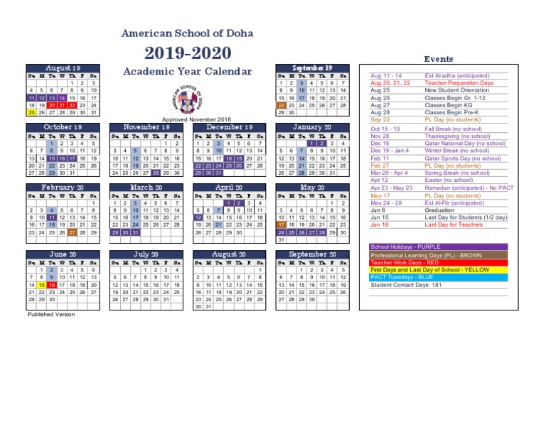 American School of Doha 2019-2020 Academic Calendar: Key Dates for the  School Year including Holidays, Breaks, and Special Events | PDF |  Observances | Holidays