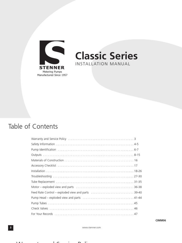 Stenner Classic Series Installation Instructions | PDF | Pump | Vacuum Tube