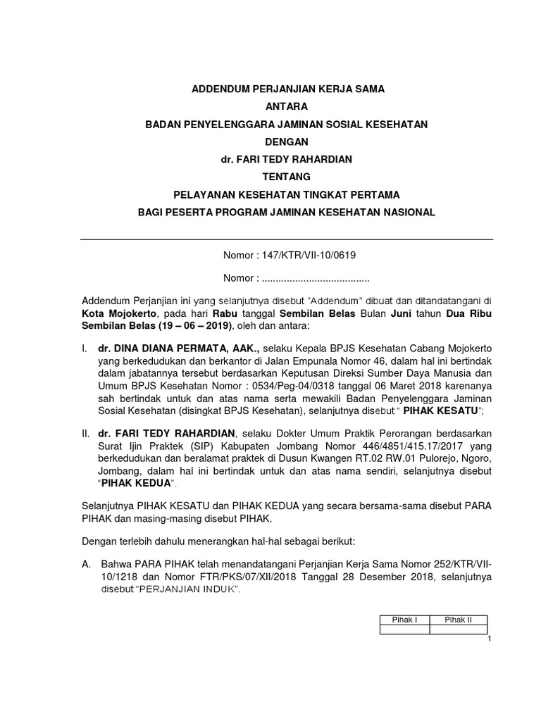 Addendum PKS BPJS Kesehatan 2019 | PDF | Bisnis | Pengelolaan Keuangan ...