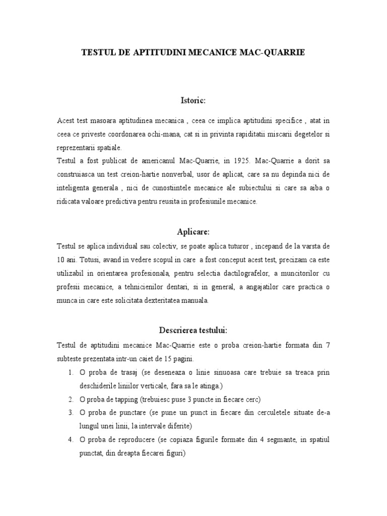 Test de Aptitudini Mecanice MAC - QUARRIE | PDF