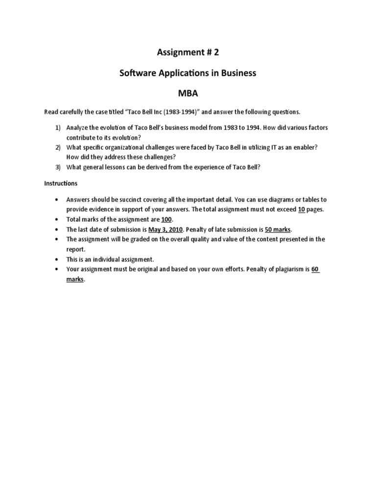 Assignment # 2 Software Applications in Business MBA: Instructions | PDF
