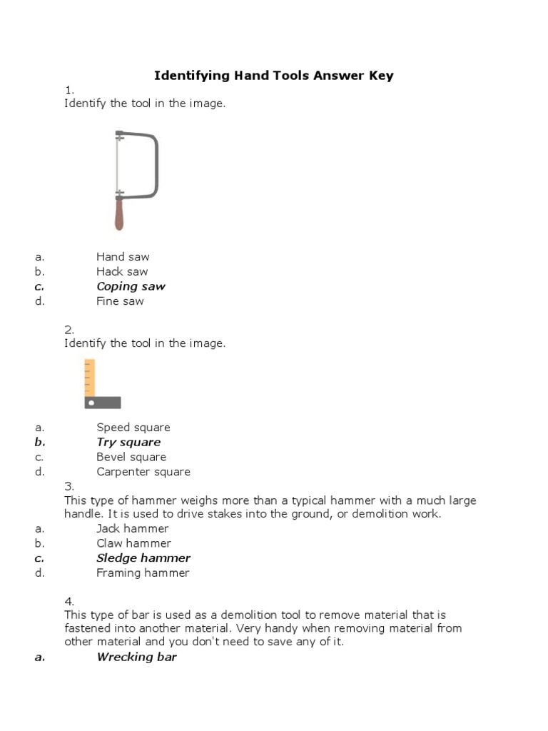 Identifying Hand Tools Answer Key PDF Hammer Drywall