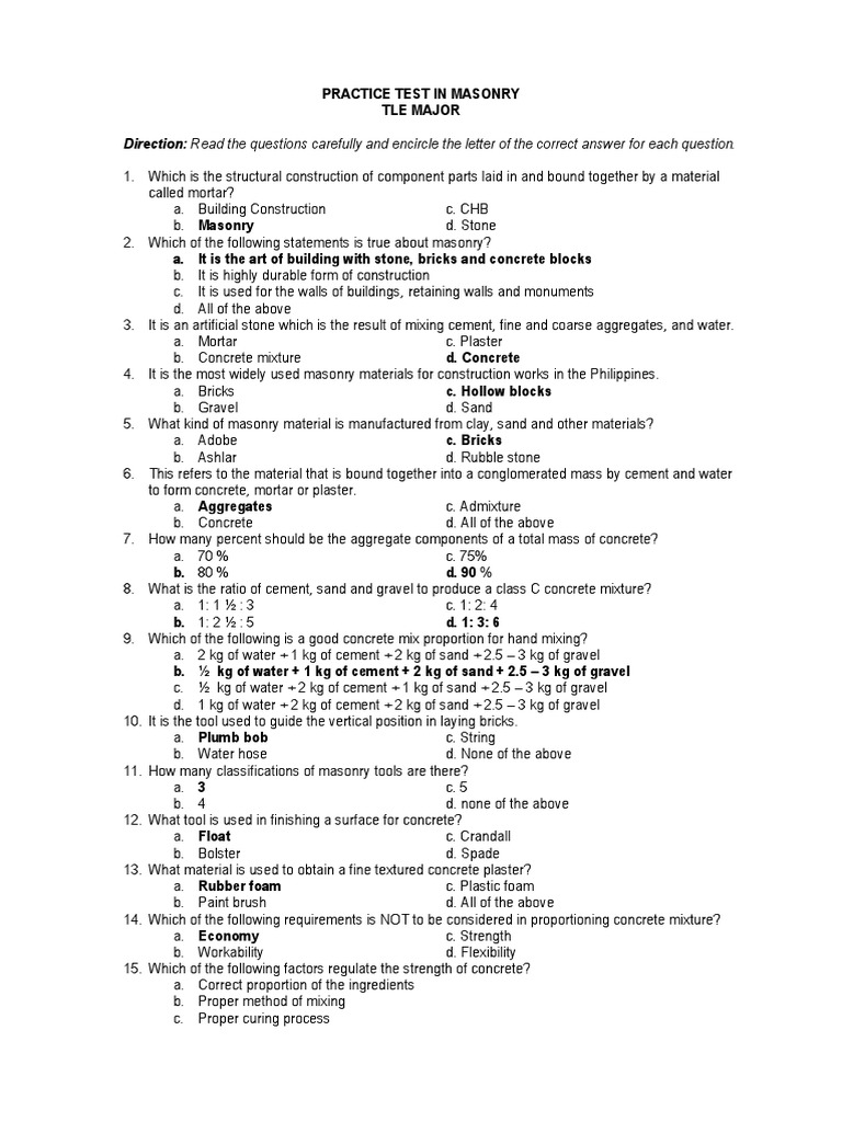 Practice Test For Masonry PDF Masonry Mortar (Masonry)