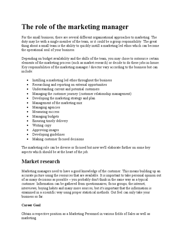 The Role of The Marketing Manager | PDF | Marketing | Sales