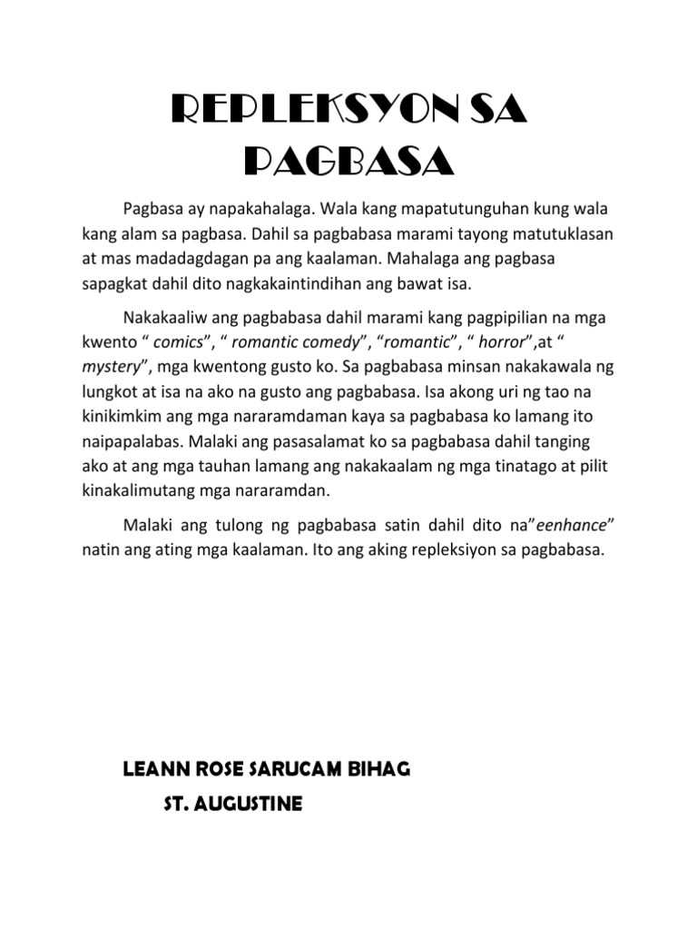 Repleksyon Sa Pagbasa | PDF