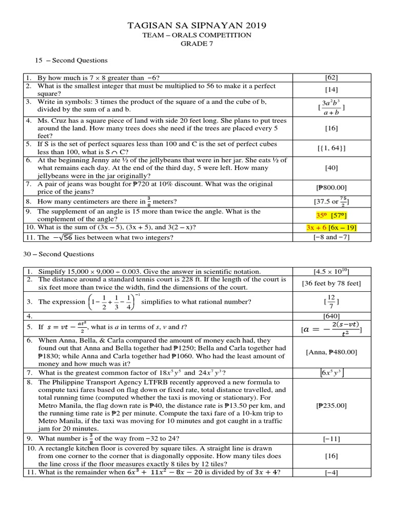 Sipnayan Math Competition 2019 | PDF | Elementary Mathematics | Numbers