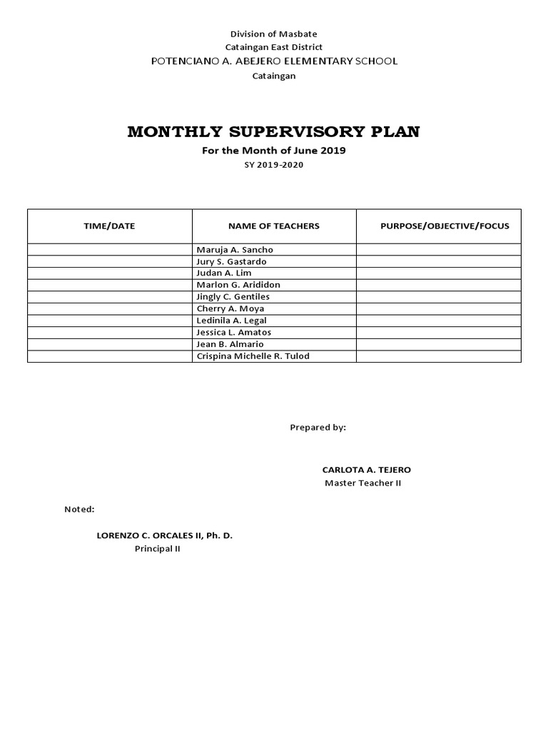 Monthly Supervisory Plan for Teachers | PDF | Teachers | Motivation